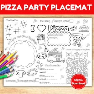 Fun Pizza Party Printable Coloring Placemat for Kids. Kids Printable Pizza Activity and Coloring Sheet, Pizzeria Placemat, Pizza Party Decor