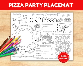 May include: A black and white printable pizza party placemat with activities for kids. The placemat features a pizza with toppings, a tic-tac-toe game, a word scramble, a maze, and a count-the-pizzas activity. The text on the placemat says "Pizza Party Placemat", "I Love Pizza", "Add your own pizza toppings", "My favorite pizza topping is...", "Word Scramble", "Match the topping to the pizza", "How many can you count?", and "Digital Download".