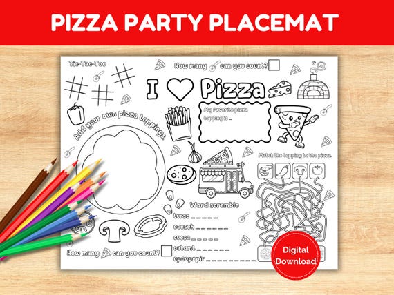 Fun Pizza Party Printable Coloring Placemat for Kids. Kids Printable Pizza Activity and Coloring Sheet, Pizzeria Placemat, Pizza Party Decor