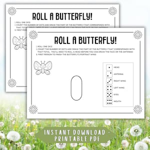 Puede incluir: Tablero de juego imprimible para un juego de dibujo de mariposas. El tablero tiene un contorno en blanco y negro de una mariposa con espacios para dibujar la cabeza, la antena, las alas, los ojos y la boca. Las instrucciones del juego son "Roll a Butterfly!" 1. Tira un dado. 2. Cuenta el número de puntos y dibuja la parte de la mariposa que corresponde a ese total. Necesitarás tirar una cabeza antes de poder dibujar la cara o la antena. 3. ¡La primera persona en terminar el retrato de la mariposa gana!"