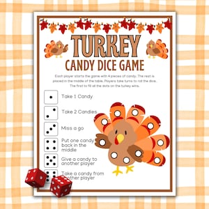 Roll a turkey candy dice game, thanksgiving party game favors, thanksgiving dice game, Christmas dice game, thanksgiving activity for kids