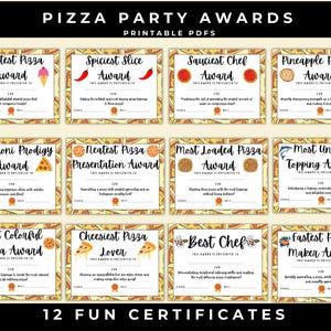 May include: Twelve printable pizza party award certificates with a yellow and orange background. Each certificate has a pizza-themed illustration and a title such as "Sweetest Pizza Award", "Spiciest Slice Award", and "Cheesiest Pizza Loven".