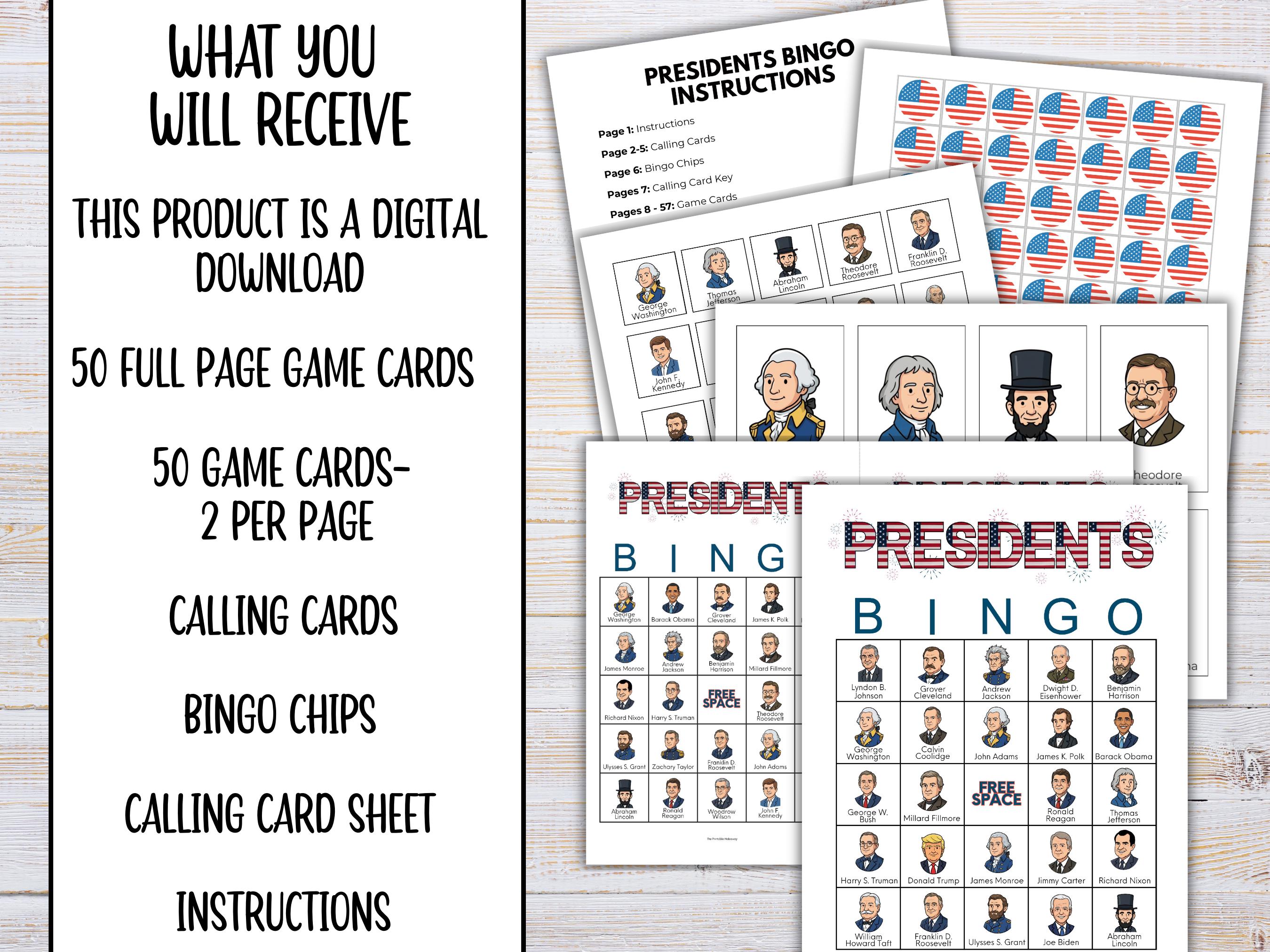USA Presidents Bingo Game for Kids Printable President's Day Party Game ...