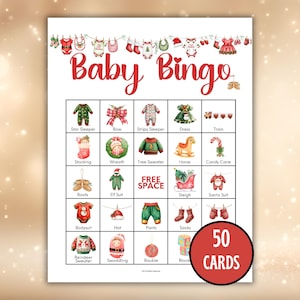 May include: A Christmas-themed Baby Bingo game card with a red and white design. The card features illustrations of baby clothes and holiday items. The words "Baby Bingo" are written in red script. The card includes 50 cards.
