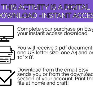 May include: Digital download information graphic with a purple header. Includes a computer monitor icon, a printer icon, and a checkmark icon. Text explains how to download and print the digital file, including file sizes of 25.4cm x 20.3cm and A4.