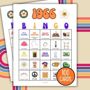 May include: Two retro-themed bingo cards with the title "1966 BINGO" in orange and purple. The cards feature images and text related to the 1960s, including a mini skirt, lava lamp, and tie-dye shirt. The cards are labeled "100 CARDS".