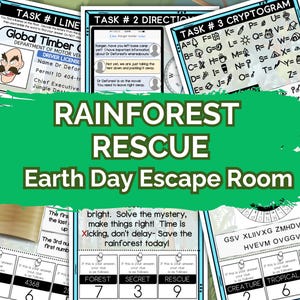 Printable Earth Day Escape Room for Kids,  Rainforest Rescue themed escape room for family game night and classroom activity