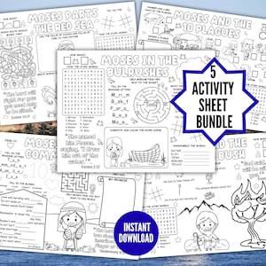 May include: A bundle of five black and white activity sheets with biblical themes, including mazes, word searches, and coloring pages. The sheets feature the text "Moses Parts the Red Sea" and "Moses and the 10 Plagues". A blue star-shaped graphic reads "5 Activity Sheet Bundle".