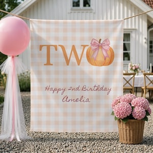 Pumpkin Second Birthday Tapestry, Personalized Halloween Birthday Banner, Pink Bow Fall Birthday Party Decor Photo Backdrop for Girl