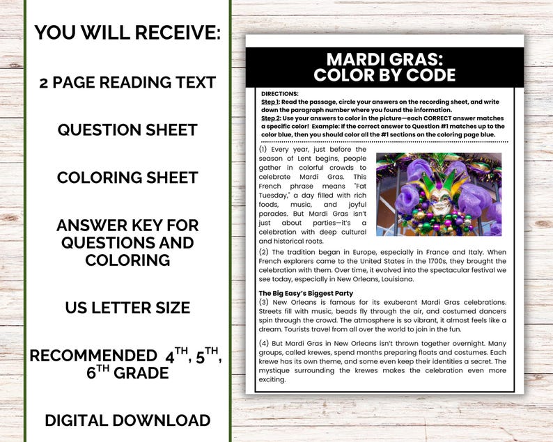 Mardi Gras Color by Number Printable, Kids Mardi Gras Reading Worksheet ...
