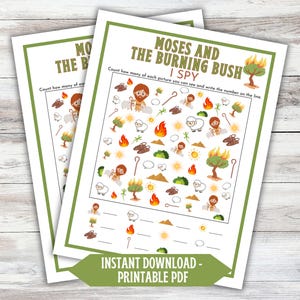 May include: Two printable "I Spy" game sheets with a green border, themed around "Moses and the Burning Bush." The sheets feature illustrations of Moses, sheep, flames, and other related images. The text "Instant Download - Printable PDF" is also visible.