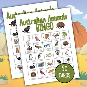 May include: Two sheets of Australian Animals Bingo cards. The cards feature illustrations of various Australian animals, including a koala, kangaroo, and kookaburra. The cards are set against a colorful background with the text "50 CARDS" in a green circle.
