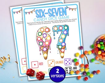 Zes zeven snoepjes dobbelspel voor kinderen afdrukbaar, 6-7 feestspel, Roll a Dice verjaardagsfeestspel, familiespelavond, 6-7 klasspel