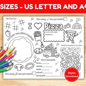 Puede incluir: Una p&aacute;gina para colorear imprimible en blanco y negro con tem&aacute;tica de pizza. La p&aacute;gina incluye un juego de tres en raya, una pizza con ingredientes, un cami&oacute;n de reparto de pizza, una sopa de letras y un laberinto. El texto de la p&aacute;gina dice "Me encanta la pizza" y "A&ntilde;ade tus propios ingredientes para pizza".