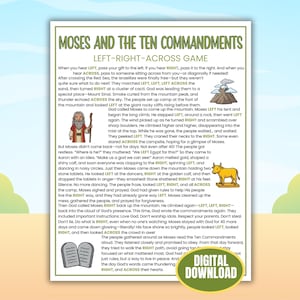 May include: A digital download game titled "Moses and the Ten Commandments." The game features illustrations of Moses, a mountain, a golden calf, and stone tablets. The text includes instructions and the words "Digital Download."