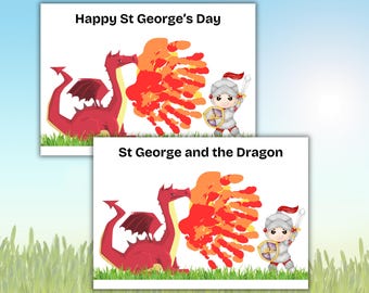 Manualidad imprimible con la huella de la mano de San Jorge y el Dragón, divertida actividad de arte con huellas de manos para recordar a San Jorge y el Dragón, celebrar el Día de San Jorge