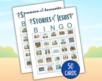 May include: Two bingo cards with the title "STORIES of JESUS BINGO" in teal. Each card features a grid of illustrated Bible stories, including "The Prodigal Son" and "The Empty Tomb." A blue circle indicates "50 CARDS."