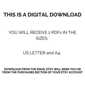 Puede incluir: Texto sobre un fondo blanco que dice: "Esta es una descarga digital. Recibir&aacute;s 2 PDF en los tama&ntilde;os: US Letter y A4. Descarga desde el correo electr&oacute;nico que Etsy te enviar&aacute; o desde la secci&oacute;n de compras de tu cuenta de Etsy."