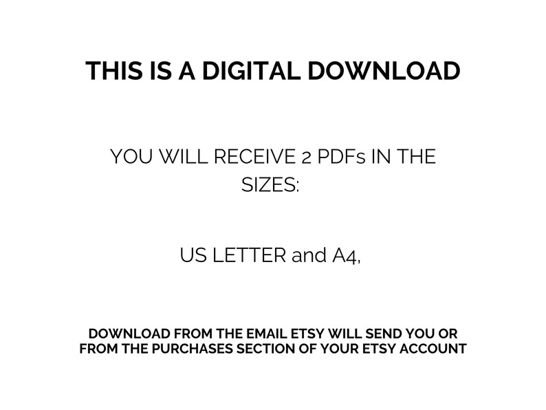 Puede incluir: Texto sobre un fondo blanco que dice: "Esta es una descarga digital. Recibir&aacute;s 2 PDF en los tama&ntilde;os: US Letter y A4. Descarga desde el correo electr&oacute;nico que Etsy te enviar&aacute; o desde la secci&oacute;n de compras de tu cuenta de Etsy."