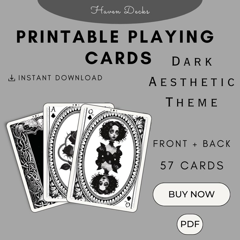 Dark Aesthetic Printable Playing Cards Full Deck Front and Back Custom ...