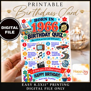May include: A printable birthday card featuring the text Born in 1966 Birthday Quiz with colorful retro graphics including a van, a vinyl record, a television, a car, a road, a clapperboard, a disco ball, a peace sign, and a cupcake with a candle.