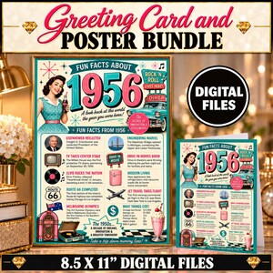 印刷可能な1956年生まれの誕生日カード＆ポスターセット｜1956年生まれの楽しい豆知識入り誕生日プレゼント記念品｜ヴィンテージ風カードとウォールアート｜即時ダウンロード