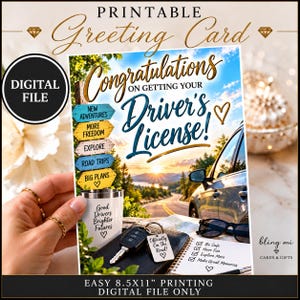 Op de afbeelding: Een printbare wenskaart met de tekst Congratulations on getting your Driver's License, een wegwijzer met New Adventures, More Freedom, Explore, Road Trips, Big Plans, een auto, sleutels, een zonnebril en een checklist voor afdrukken.