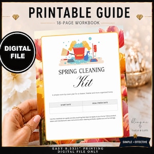Könnte beinhalten: Ein digitales, druckbares 18-Seiten-Arbeitsbuch mit dem Titel Spring Cleaning Kit. Das Cover zeigt Reinigungsutensilien wie einen roten Eimer, gelbe Handschuhe und Bürsten. Es enthält Abschnitte für Start- und Zieldaten zur Fertigstellung.