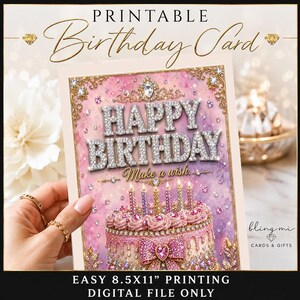 Może przedstawiać: Kartka urodzinowa do druku z różowo-fioletowym tłem akwarelowym, błyszczącym tortem, dużą kokardą i napisem "HAPPY BIRTHDAY Make a wish." Projekt zawiera złote filigrany, akcenty diamentowe i grafikę tiary. Plik cyfrowy do druku w formacie 8,5x11 cali.