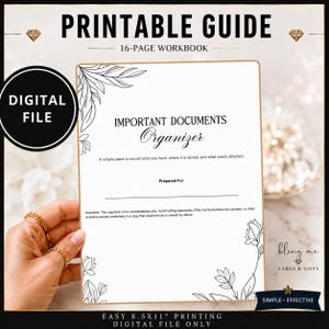May include: A 16-page printable workbook titled Important Documents Organizer with a gold border and black floral line art. The digital file includes sections for recordkeeping, a Prepared For line, and a disclaimer about sensitive information.
