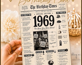 PRINTABLE 1969 Birthday Card | The Year You Were Born Newspaper Greeting Card | Vintage Birthday Facts | INSTANT DOWNLOAD