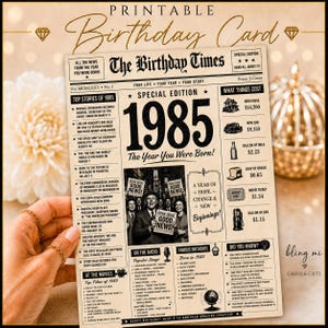 May include: A printable birthday card designed as a vintage newspaper titled The Birthday Times, featuring the year 1985, top stories, popular songs, movie titles, and cost of living statistics from that year printed in black on a beige background.
