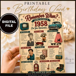 May include: A printable birthday card featuring a 1958 theme with vintage illustrations of a television, a car, toys, and a poodle skirt. The text includes "Remember When?", "1958", and various facts about television, movies, music, and costs from that year.