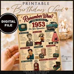 May include: A printable birthday card featuring a 1953 theme with vintage illustrations of a television, a classic car, a poodle skirt, and a record player. The card includes text detailing 1950s pop culture, slang, and fun facts in a retro layout.