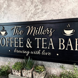 Personalized Coffee and Tea Bar Sign Coffee Tea Bar Kitchen Home Decor Wood Carved Coffee Sign Custom Birthday Fathers Day Gift for Dad Mom