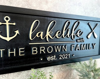 Custom Lake life Sign Lake House Sign Decor Personalized Lakelife Wood Sign Lakehouse Family Name Sign Cabin Camp Sign Birthday Gift for Her