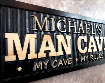 Personalized Man Cave Sign Custom Man Cave Name Sign for Bar Game Poker Billiard Room My Cave Rules Christmas Father's Day Gift for Dad Him