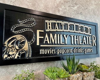 Personalized Movie Theater Sign, Custom Family Name Carved Wood