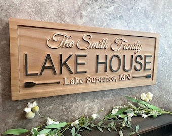 Custom Carved Wood Lake House Sign, Personalized Cabin Decor