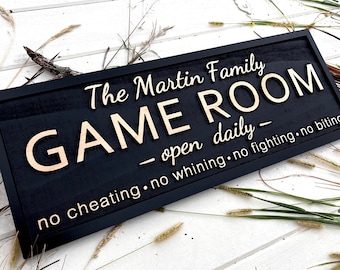 Personalized Family Game Room Sign, Custom Carved Wood Decor
