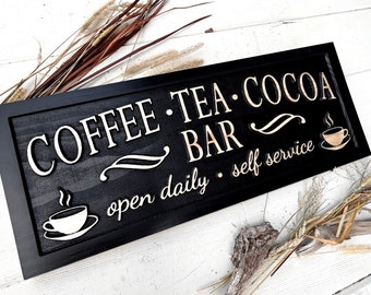 Coffee Tea Cocoa Bar Sign, Carved Wood Kitchen Decor