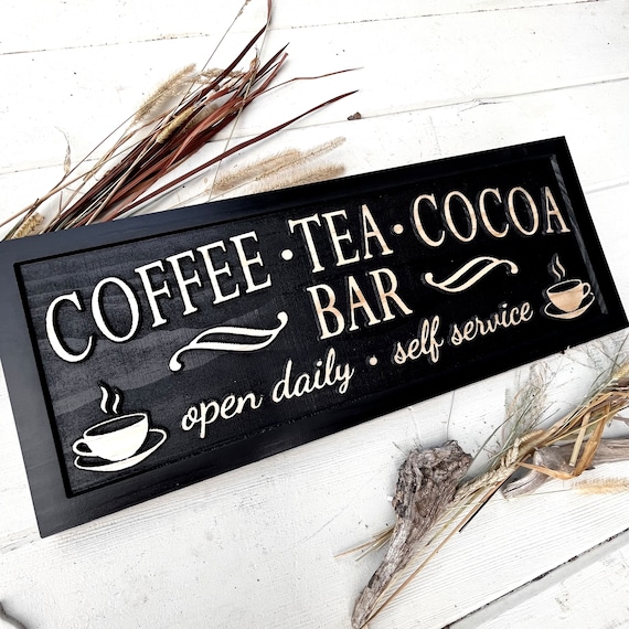 Coffee Tea Cocoa Bar Sign, Carved Wood Kitchen Decor