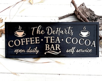 Custom Coffee Tea Cocoa Sign Coffee Bar Sign New Home Kitchen Decor Sign Birthday Christmas Gift for Mom Her Fathers day Gift for Dad Him