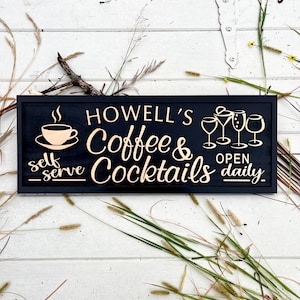 Custom Coffee & Cocktails Carved Wood Sign, Personalized Home Bar Decor