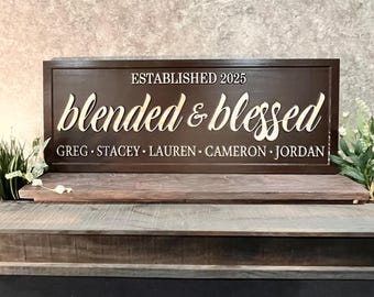 Blended and Blessed Family Sign, Personalized Carved Wood
