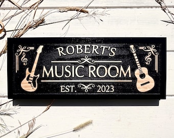 Personalized Music Room Sign, Custom Carved Acoustic Guitar Studio Decor