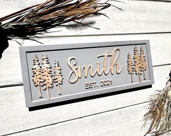 Custom Lake House Sign Cabin Name Sign Home Decor Family Last Name Wood Sign Father’s Day Gift for Dad Birthday Gift for Him Pine Tree Decor