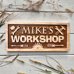 Personalized Workshop sign Birthday gift for dad Custom Garage Sign wood shop name sign fathers day Gift for him Man cave Workshop Tool sign