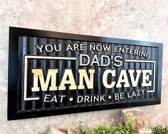 Dad's Man Cave Sign, Carved Wood Bar Decor (9x20)
