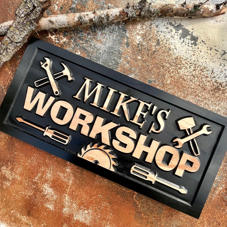 Personalized Workshop sign Father's Day gift for dad Custom Wood shop name signs for Garage Man cave Decor Shop Sign Birthday Gifts for Him image 9